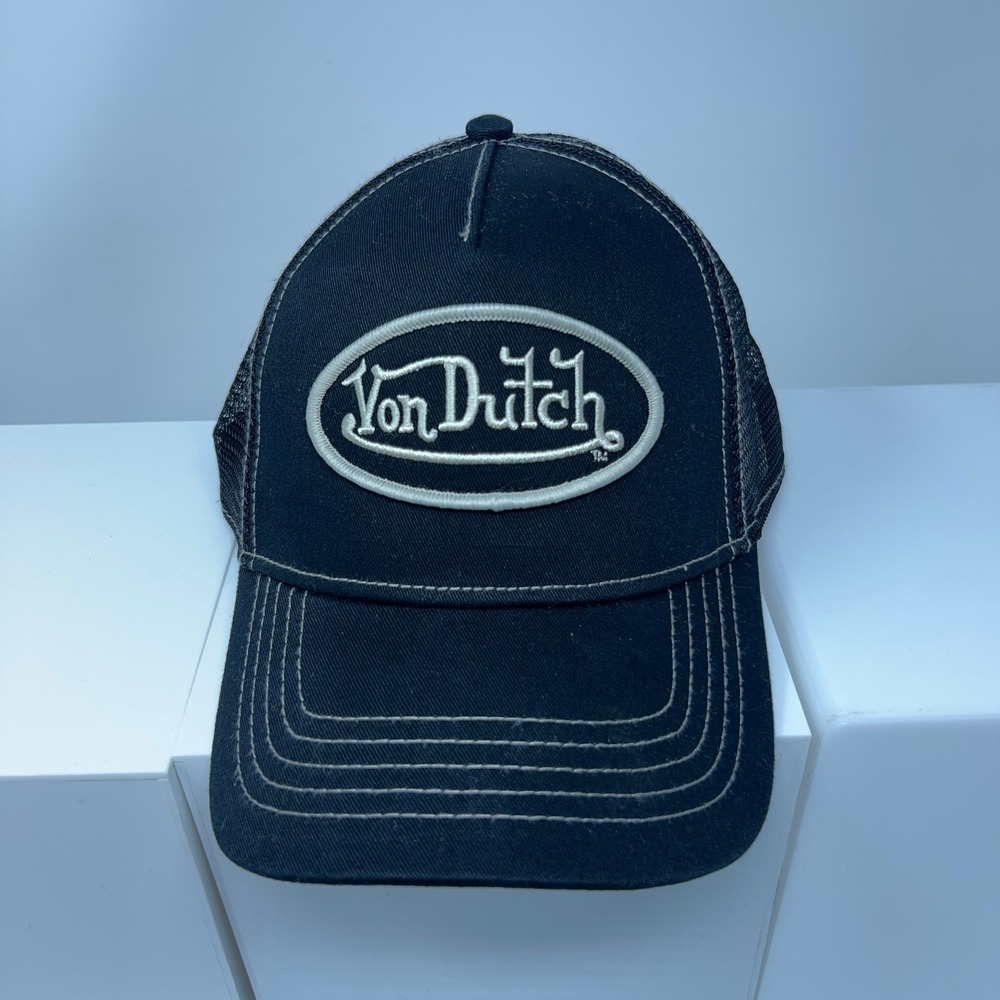 Von Dutch Unisex OS Black Grey Classic Logo Mesh Snapback Trucker Hat NWT